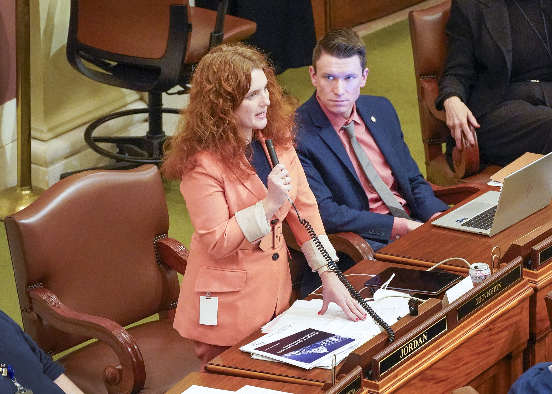 Rep. Sydney Jordan presents HF5, a bill to institute universal no-cost school meals statewide, on the House Floor Feb. 9. (Photo by Andrew VonBank)
